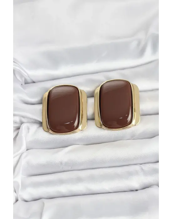 Çelik Gold Renk Kahverengi Plaka Vintage Kadın Küpe