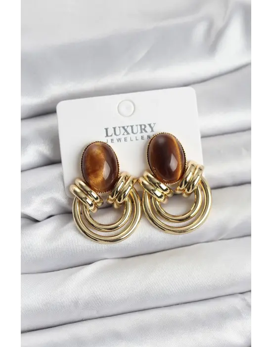 Çelik Gold Renk Kahverengi Taşlı Vintage Kadın Küpe