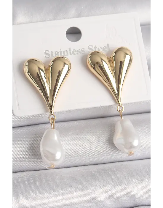  Altın Kalp Model Sallantı İnci Damla Model Çelik Küpe