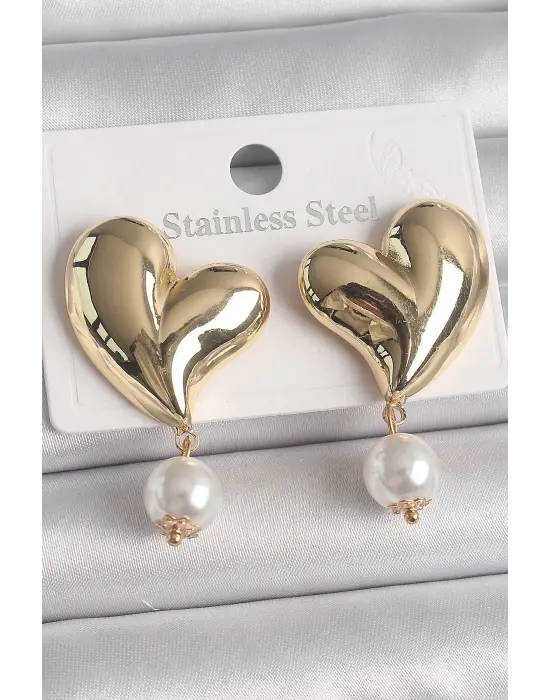  Altın Kalp Model Sallantı İnci Detay Çelik Küpe