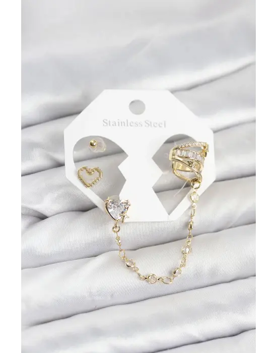 Çelik Gold Renk Kalp Model Zincir Bağlantılı Ear Cuff Küpe Seti