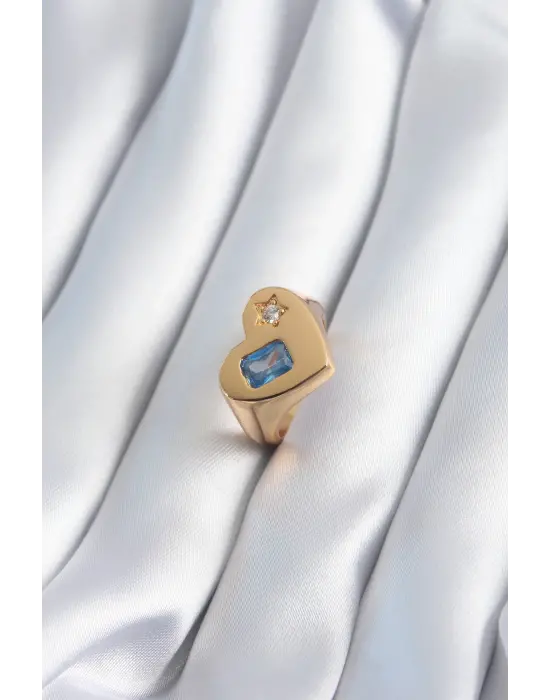  Altın Kalp Model Zirkon Taş Yıldız Detay Çelik Yüzük