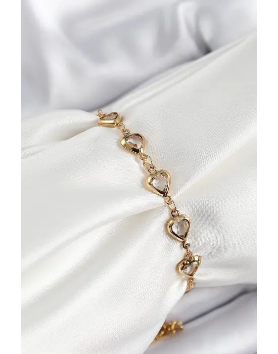 Pirinç Gold Renk Kalp Zirkon Taşlı Kadın Bileklik