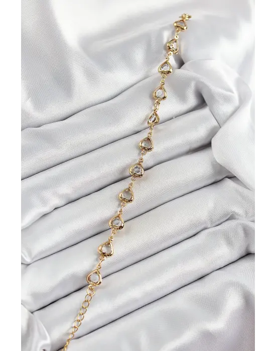 Pirinç Gold Renk Kalp Zirkon Taşlı Kadın Bileklik