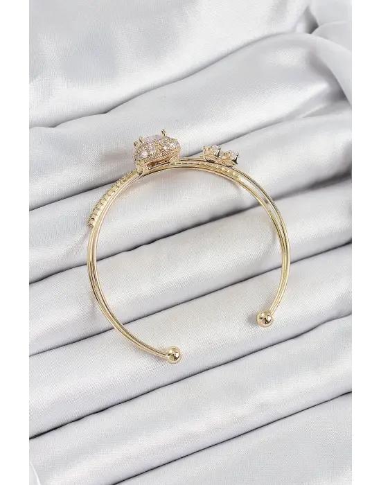 Pirinç Gold Renk Kalpli Zirkon Taşlı Kadın Bileklik