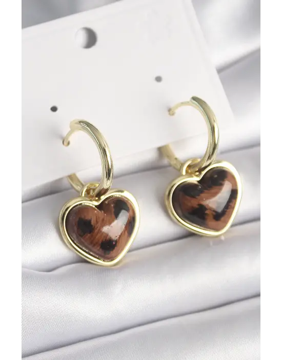  Altın Kaplan Desenli Kalp Model Çelik Küpe