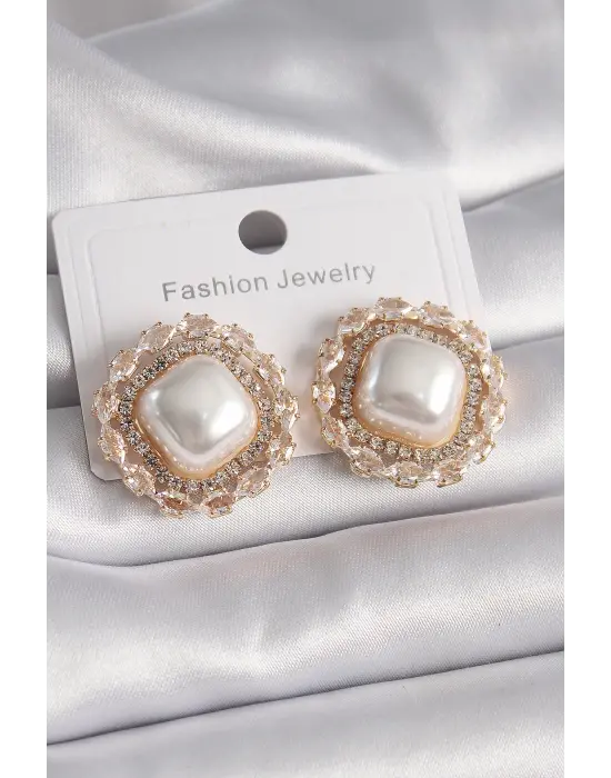  Altın Kare İnci Zirkon Taşlı Model Çelik Küpe