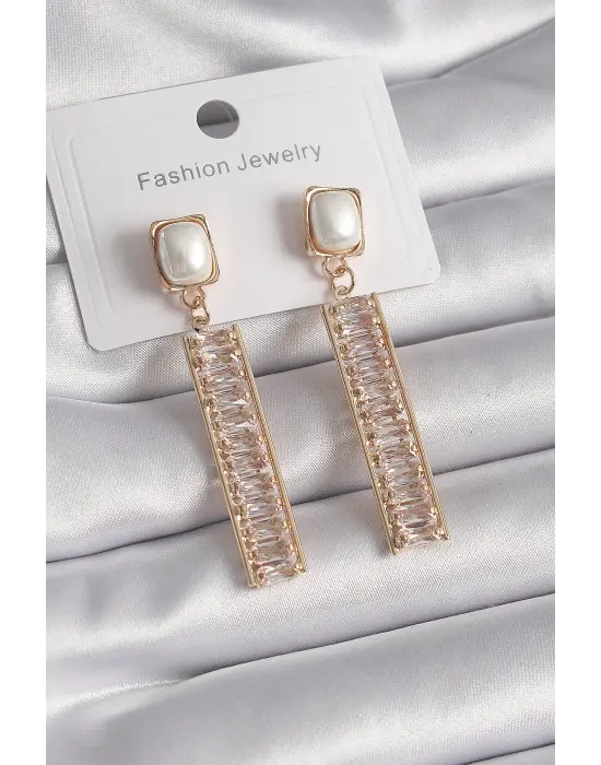  Altın Kare İnci Zirkon Taşlı Su Yolu Model Çelik Küpe