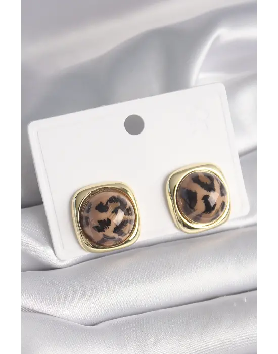  Altın Kare Kaplan Desen Çelik Küpe