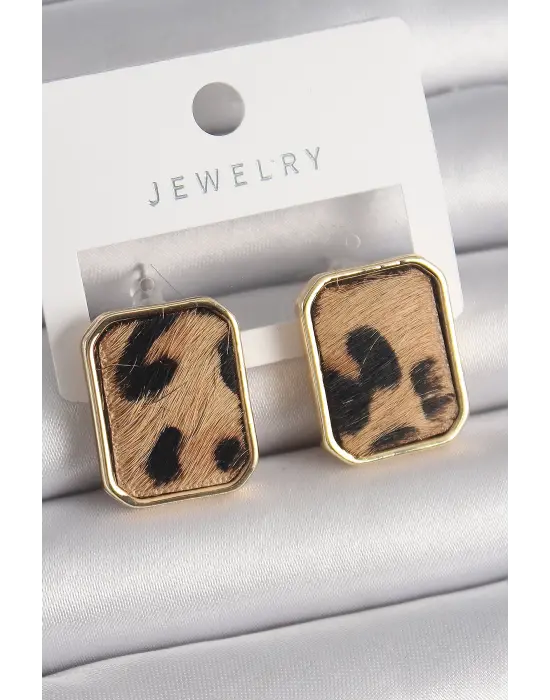  Altın Kare Leopar Desen Model Çelik Küpe