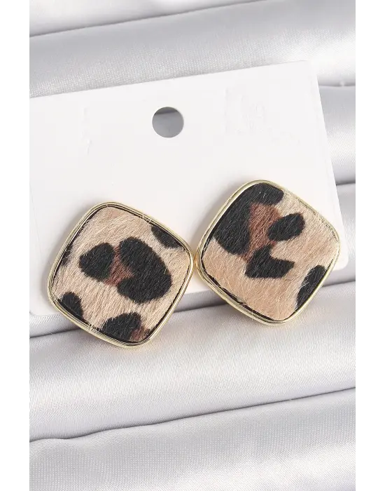 Pirinç Gold Renk Kare Leopar Model Kadın Küpe