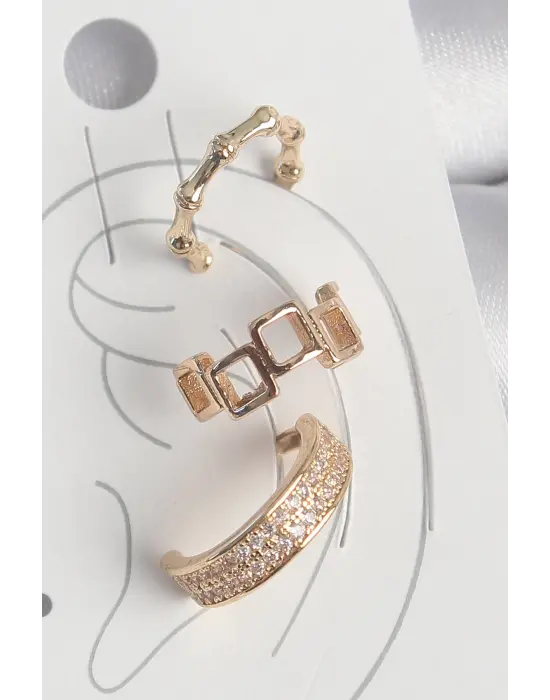 Çelik Gold Renk Kare Model Zirkon Taşlı 3Lü Model Kadın Kıkırdak Küpe