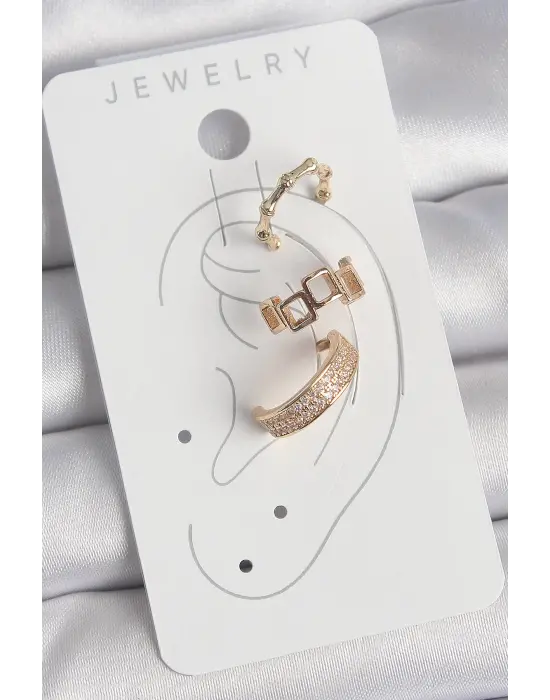 Çelik Gold Renk Kare Model Zirkon Taşlı 3Lü Model Kadın Kıkırdak Küpe