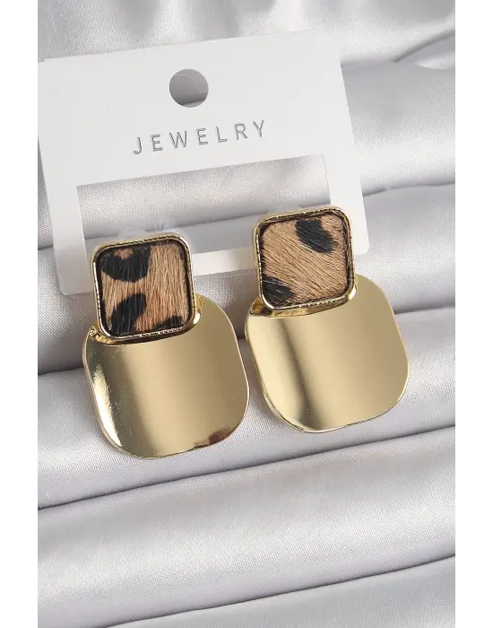  Altın Kare Plaka Model Leopar Desenli Çelik Küpe