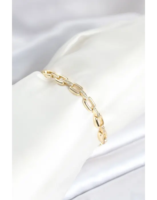 Pirinç Gold Renk Kare Zincir Model Zirkon Taşlı Kadın Bileklik