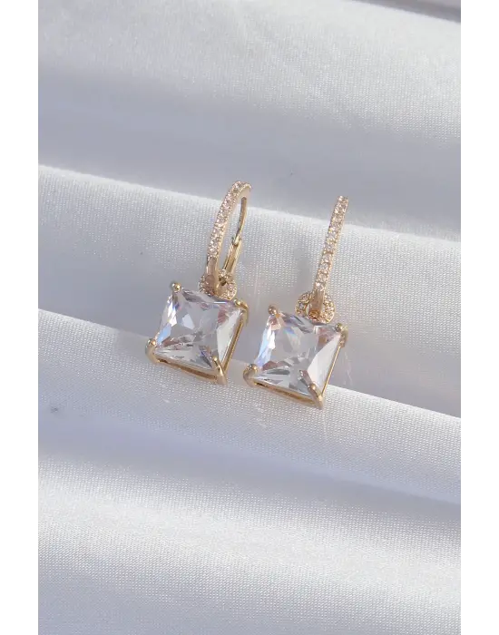  Altın Kare Zirkon Taşlı Halka Küpe