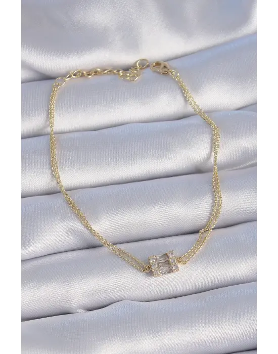 Pirinç Gold Renk Kare Zirkon Taşlı Kadın Bileklik