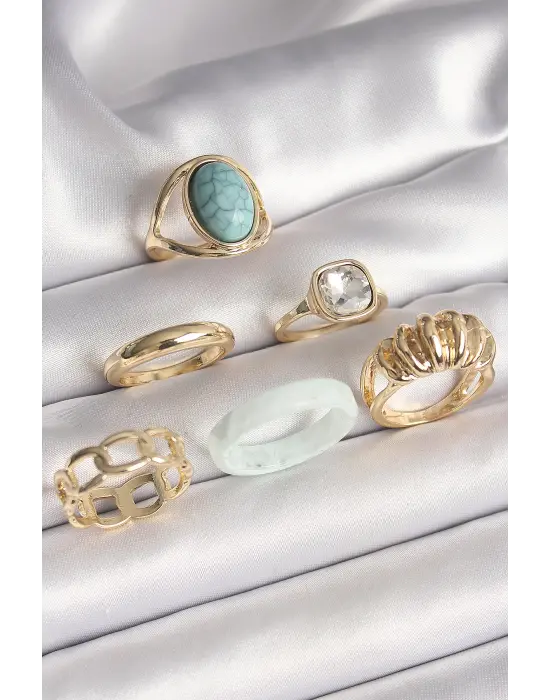  Altın Kare Zirkon Taşlı Sarmal Model Mavi Taş Detay 6Lı Çelik Yüzük Seti