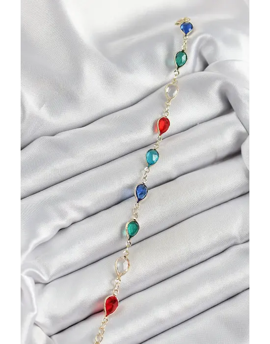 Pirinç Gold Renk Karışık Renk Damla Zirkon Taşlı Kadın Bileklik