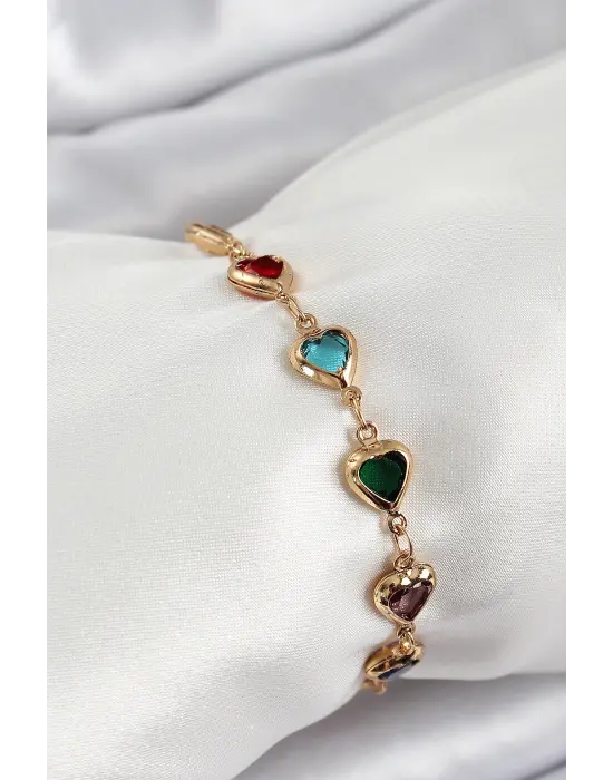 Pirinç Gold Renk Karışık Renk Kalp Zirkon Taşlı Kadın Bileklik