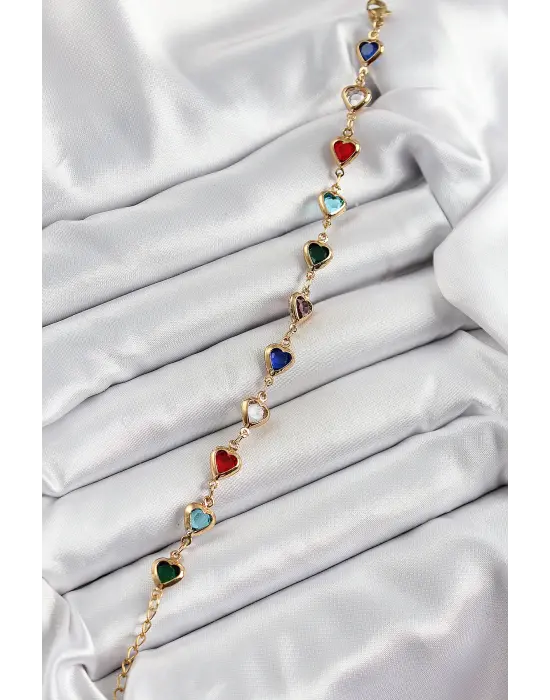 Pirinç Gold Renk Karışık Renk Kalp Zirkon Taşlı Kadın Bileklik