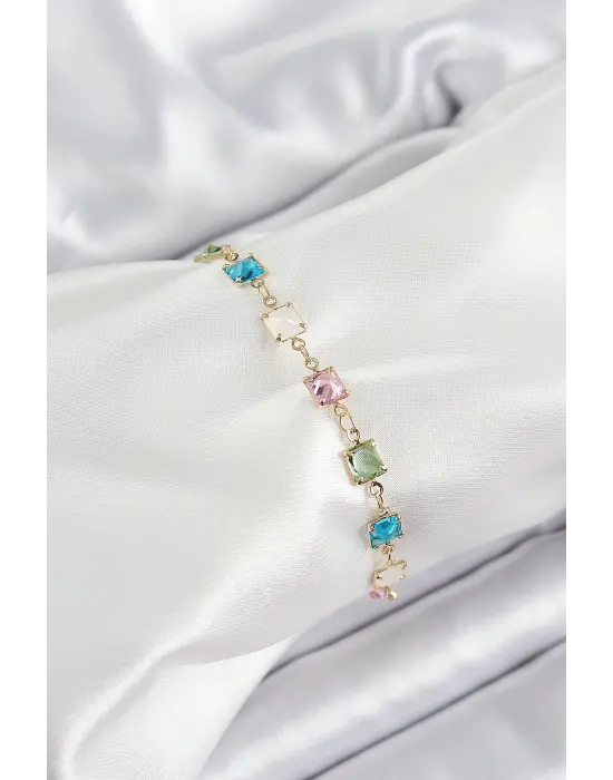 Pirinç Gold Renk Karışık Renk Kare Zirkon Taşlı Kadın Bileklik