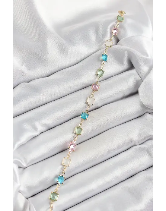 Pirinç Gold Renk Karışık Renk Kare Zirkon Taşlı Kadın Bileklik