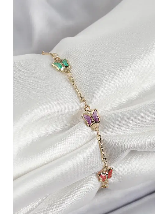 Pirinç Gold Renk Karışık Renk Kelebek Zirkon Taşlı Kadın Bileklik