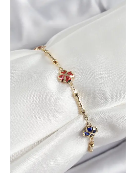 Pirinç Gold Renk Karışık Renk Yonca Zirkon Taşlı Kadın Bileklik