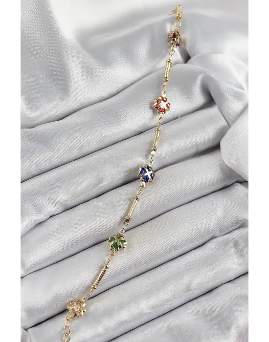 Pirinç Gold Renk Karışık Renk Yonca Zirkon Taşlı Kadın Bileklik