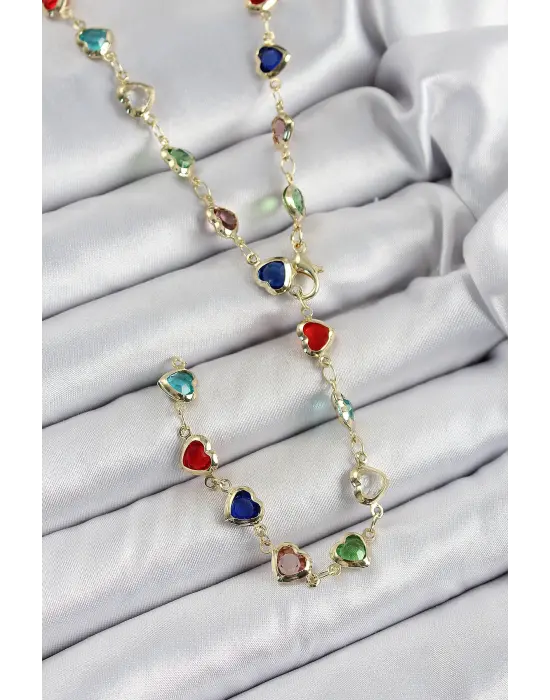 Pirinç Gold Renk Karışık Renk Zirkon Taşlı Kalpli Y Kadın Kolye