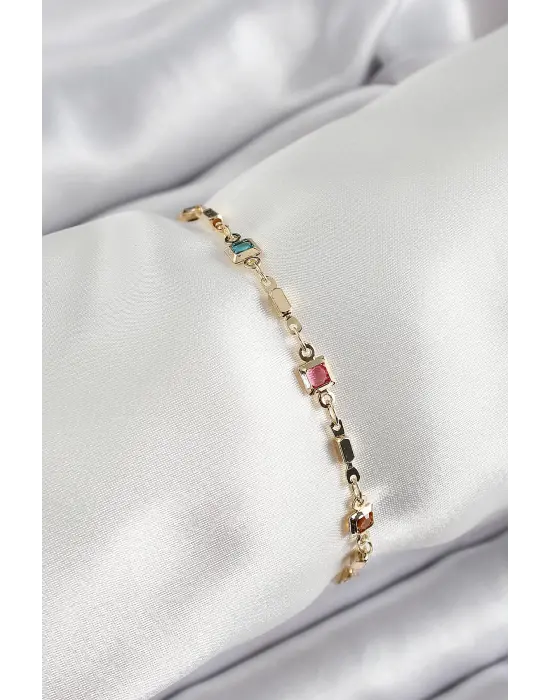 Pirinç Gold Renk Karışık Renkli Kare Zirkon Taşlı Kadın Bileklik