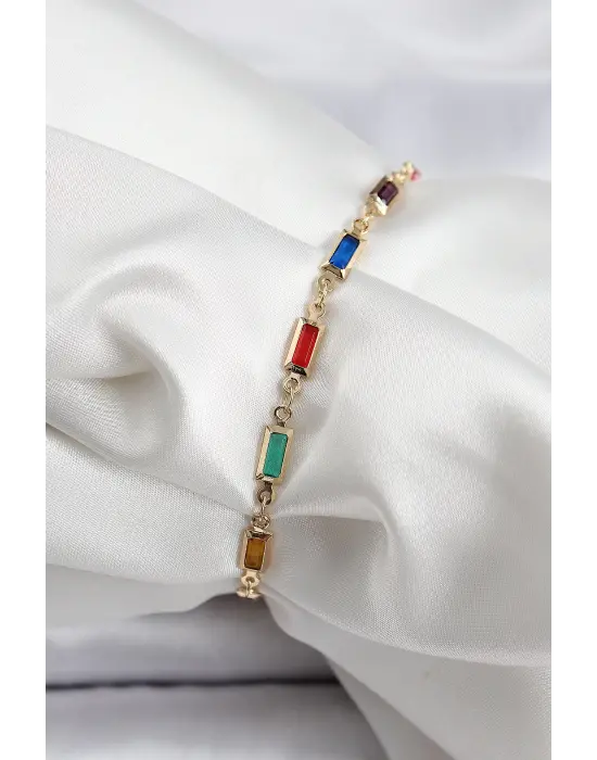 Pirinç Gold Renk Karışık Renkli Kare Zirkon Taşlı Kadın Bileklik