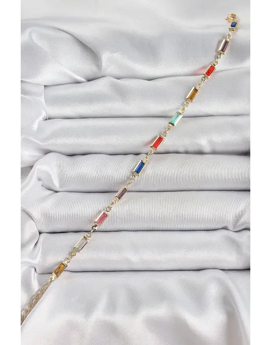 Pirinç Gold Renk Karışık Renkli Kare Zirkon Taşlı Kadın Bileklik