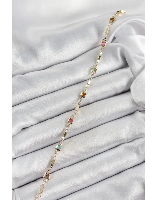 Pirinç Gold Renk Karışık Renkli Kare Zirkon Taşlı Kadın Bileklik