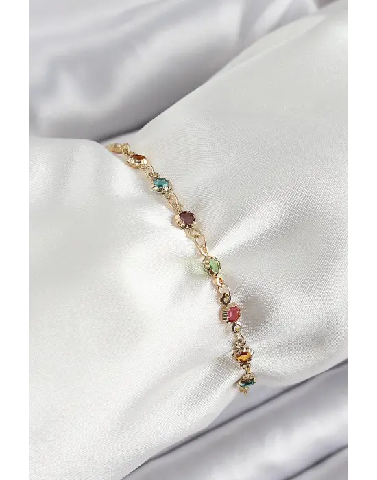 Pirinç Gold Renk Karışık Renkli Zirkon Taşlı Kadın Bileklik