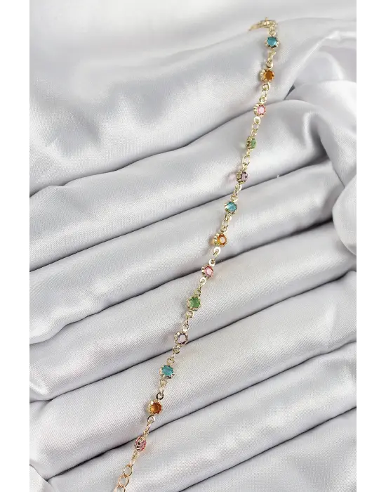 Pirinç Gold Renk Karışık Renkli Zirkon Taşlı Kadın Bileklik