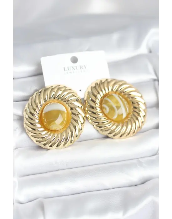 Pirinç Gold Renk Kehribar Boncuklu Vintage Kadın Küpe