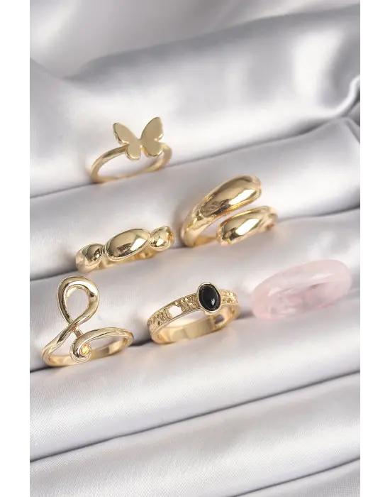  Altın Kelebek Figür Sarmal Model 6Lı Çelik Yüzük Seti