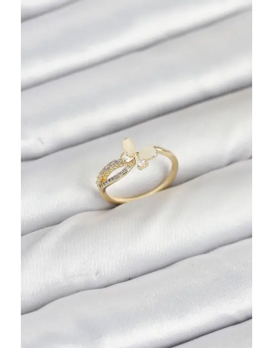 Pirinç Gold Renk Kelebek Zirkon Taşlı Kadın Yüzük