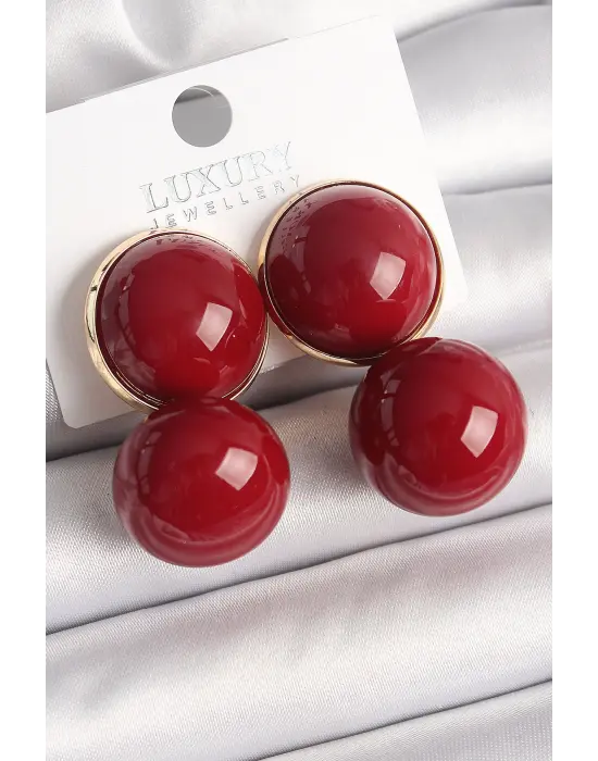 Pirinç Gold Renk Kırmızı Boncuk Model Kadın Küpe