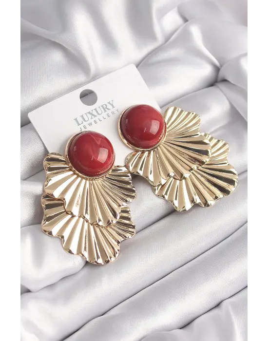  Altın Kırmızı Boncuklu Yaprak Model Vintage Çelik Küpe