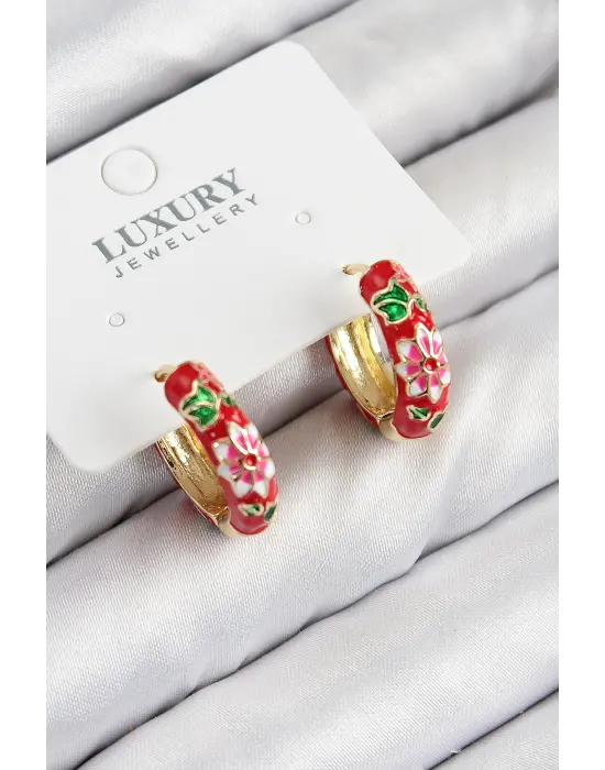 Pirinç Gold Renk Kırmızı Çiçek İşleme Mineli Kadın Küpe