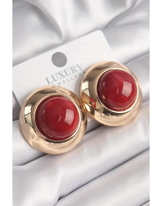  Altın Kırmızı Doğal Taşlı Daire Vintage Çelik Küpe
