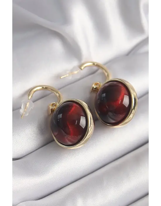  Altın Kırmızı Doğal Taşlı Vintage Çelik Küpe
