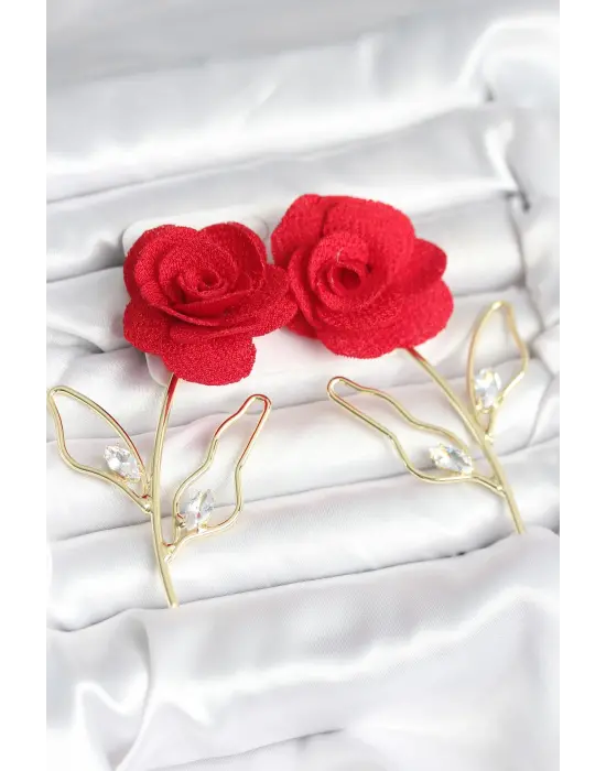 Çelik Gold Renk Kırmızı Gül Model Kadın Küpe