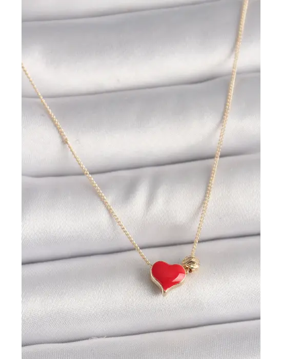 Pirinç Altın  Kırmızı Kalp Figür  Çelik Kolye