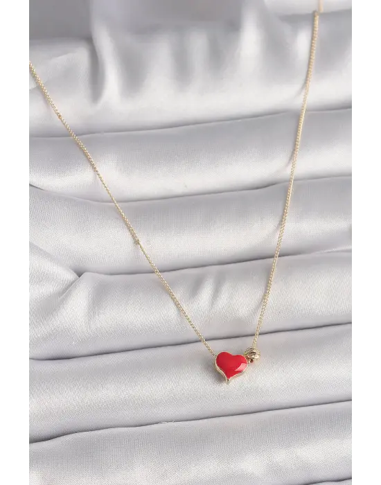 Pirinç Altın  Kırmızı Kalp Figür  Çelik Kolye