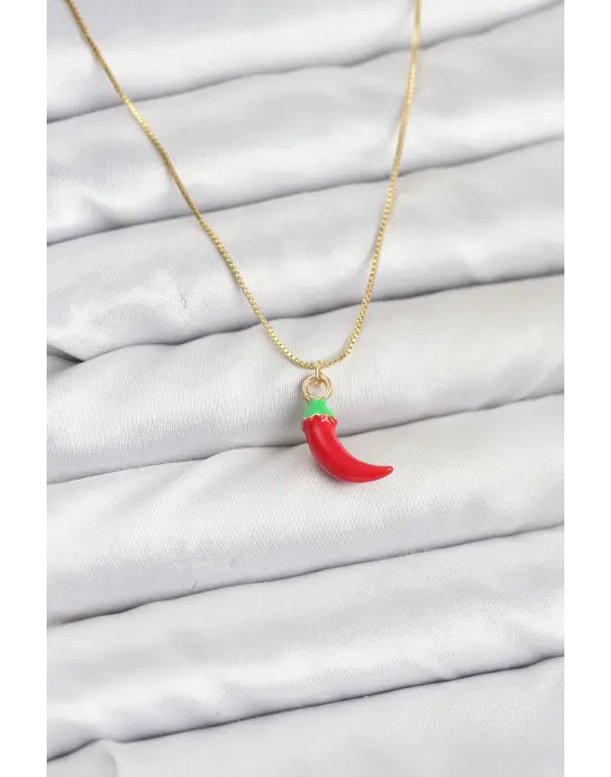 Çelik Gold Renk Kırmızı Kapya Biber Model Kadın Kolye
