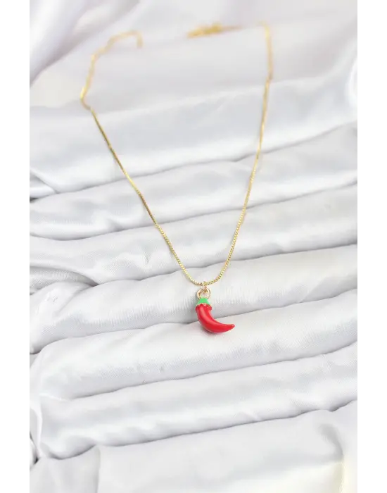Çelik Gold Renk Kırmızı Kapya Biber Model Kadın Kolye